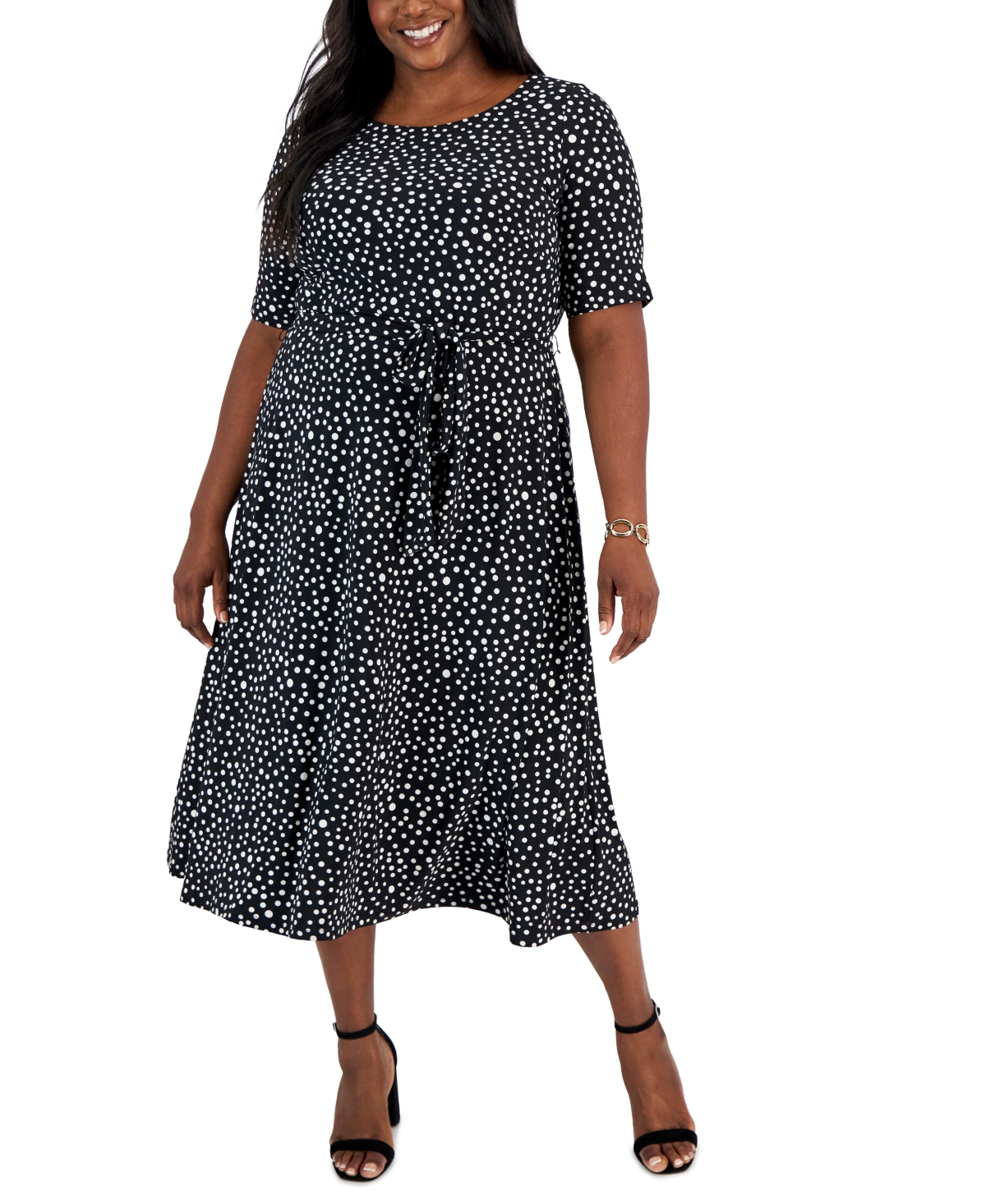 Kasper Plus Size Dot-print Fit & Flare Midi Dress In Black,vanilla Ice