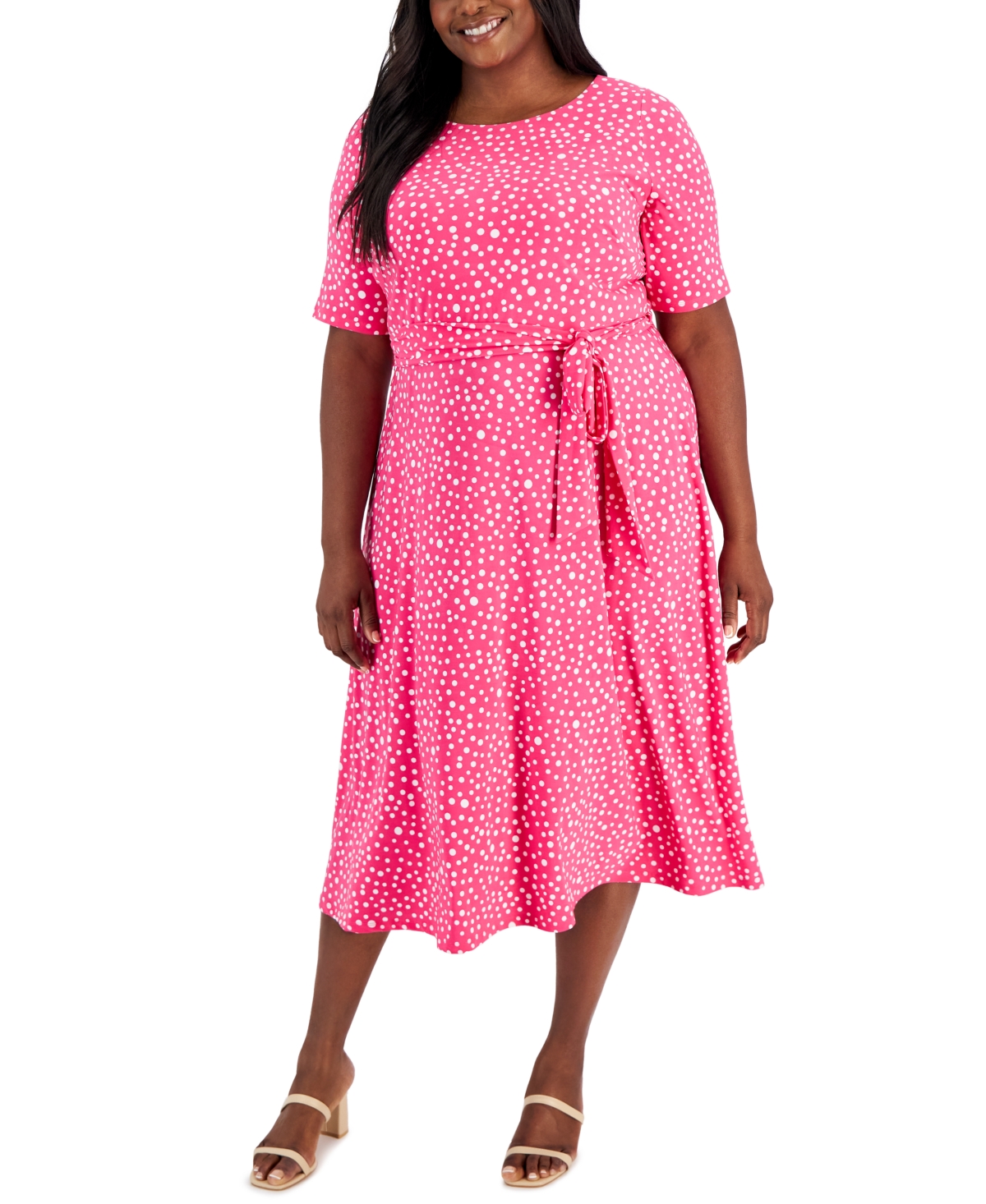 Shop Kasper Plus Size Dot-print Fit & Flare Midi Dress In Pink Perfection,vanilla Ice