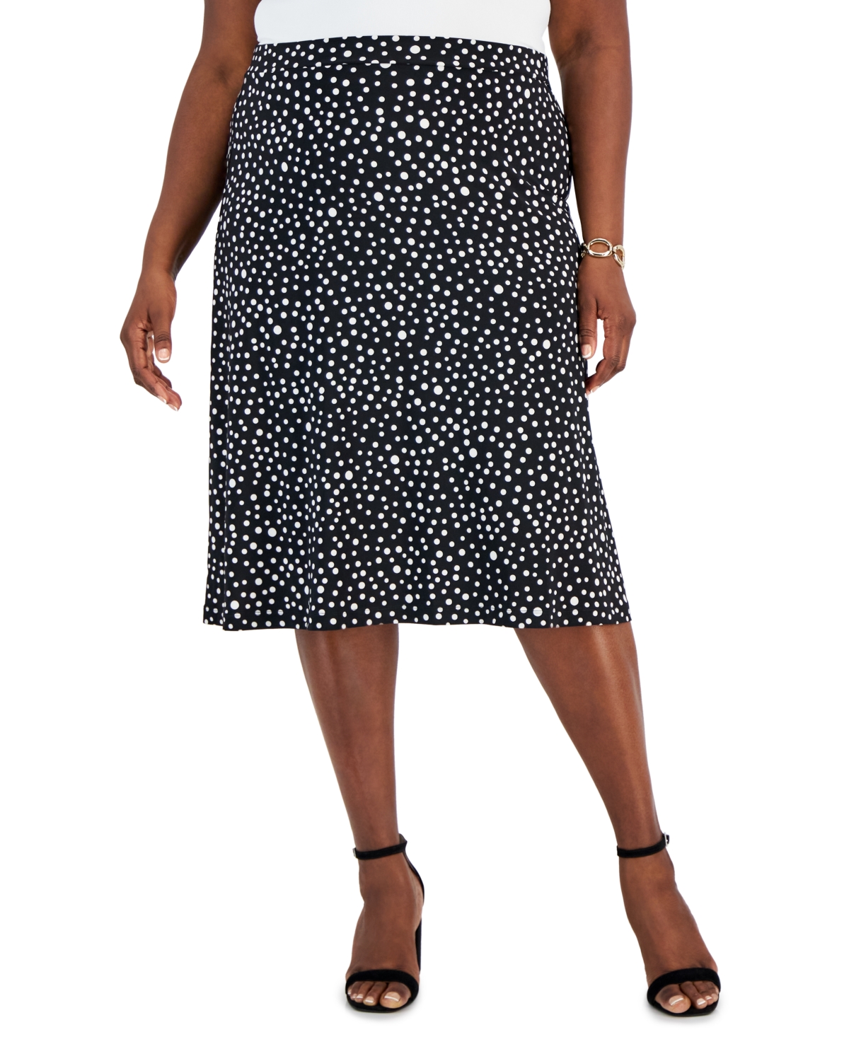Kasper Plus Size Dot-print Pull-on Midi Skirt In Black,vanilla Ice