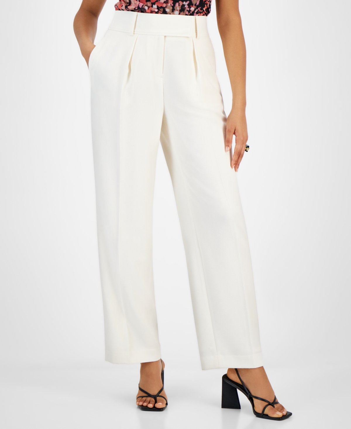 Shop Bar Iii Women's Pleated Extended Tab Mid Rise Pants, Created For Macy's In Bar White