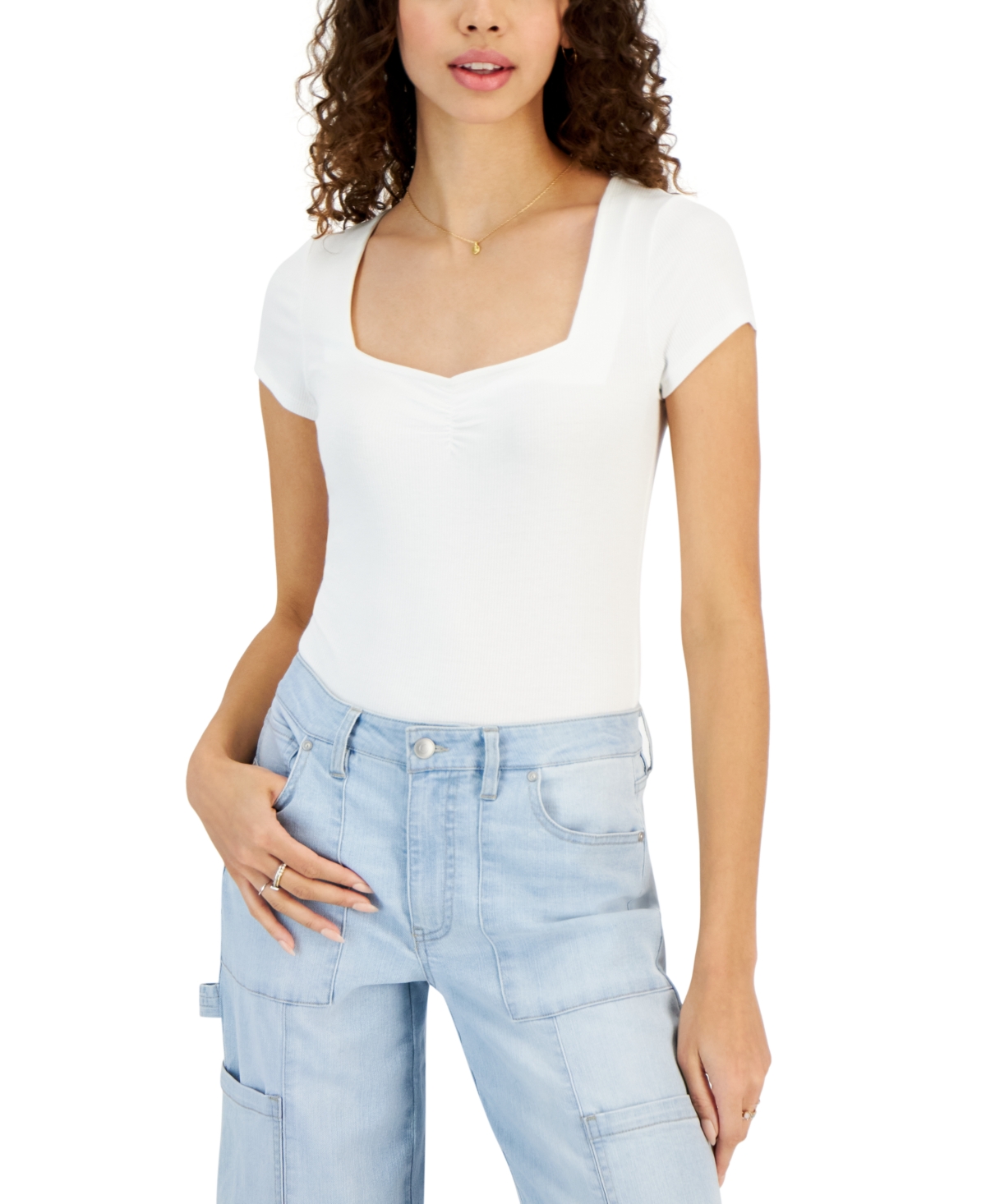 Self Esteem Juniors' Cinch-front Short Sleeve Bodysuit In White