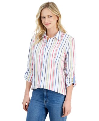 Nautica Jeans - Women's Gateway Cotton Striped Roll-Tab Shirt