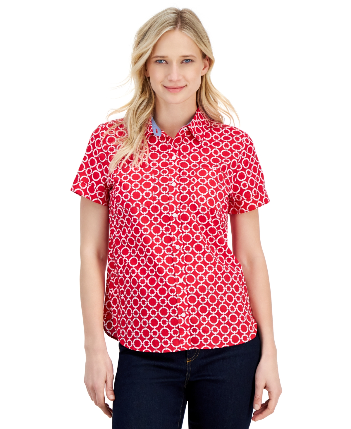 Women's Cotton Circle-Link Print Camp Shirt - Bright Red