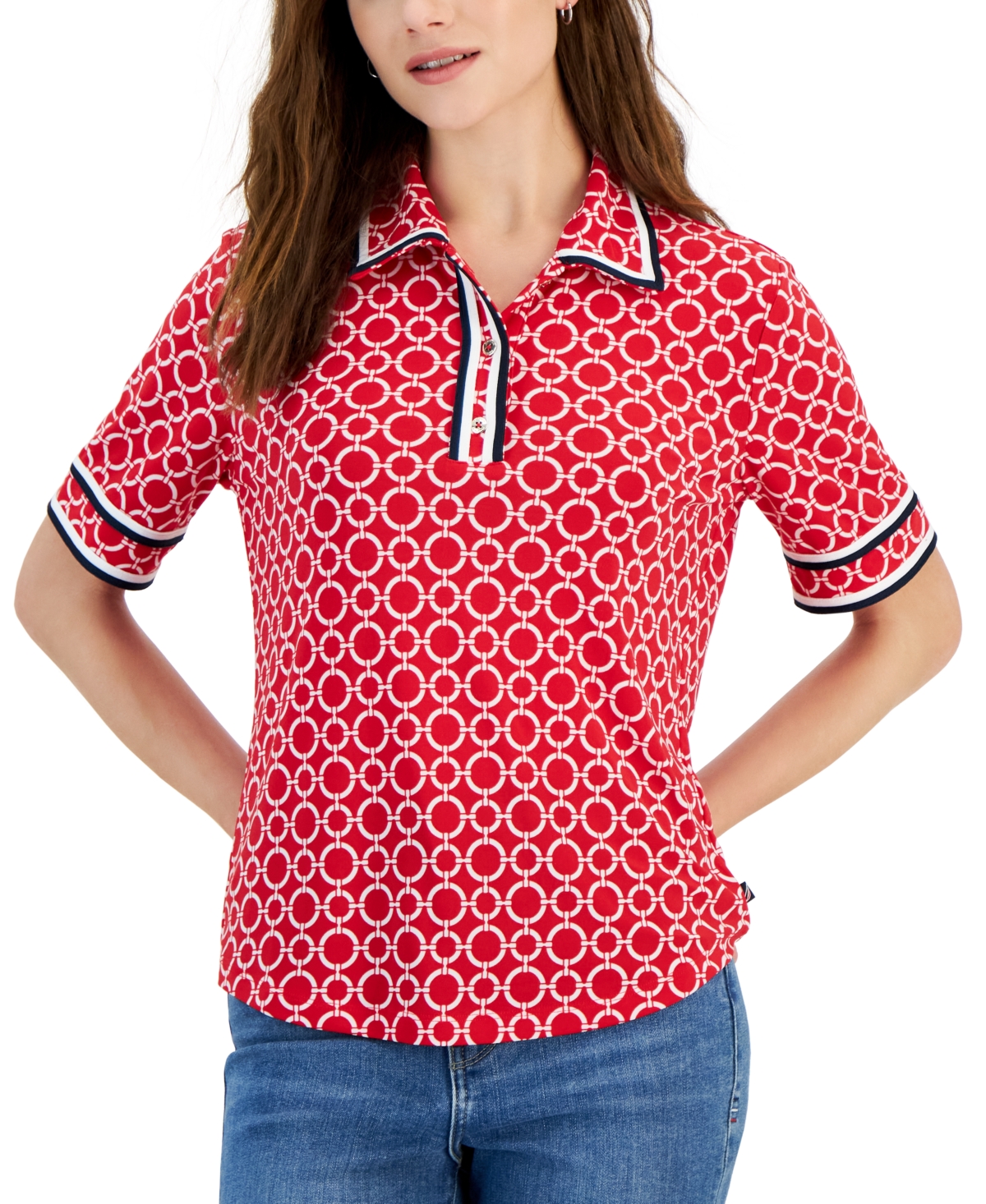 Shop Nautica Jeans Women's Circle-link Short-sleeve Polo Top In Bright Red