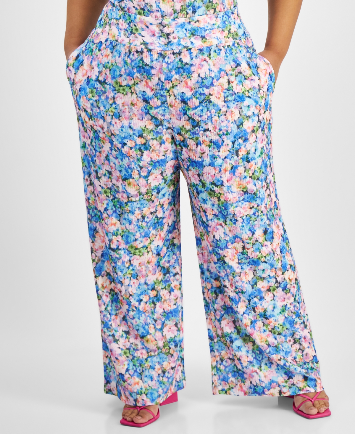 Shop Bar Iii Trendy Plus Size Textured Floral Wide-leg Pants, Created For Macy's In Lana Floral