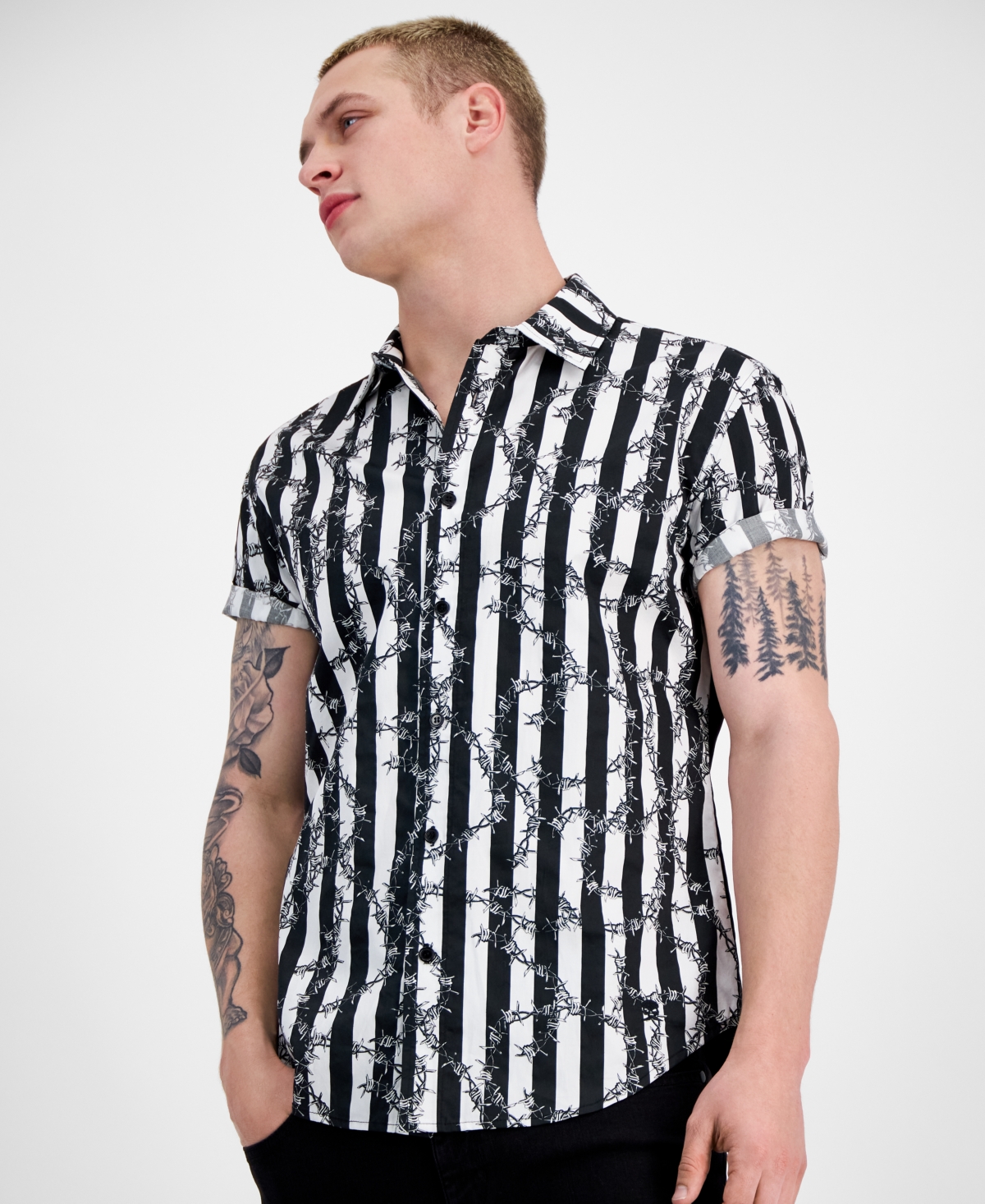 Men's Regular-Fit Barbed Wire-Print Stripe Button-Down Shirt - Black Combo