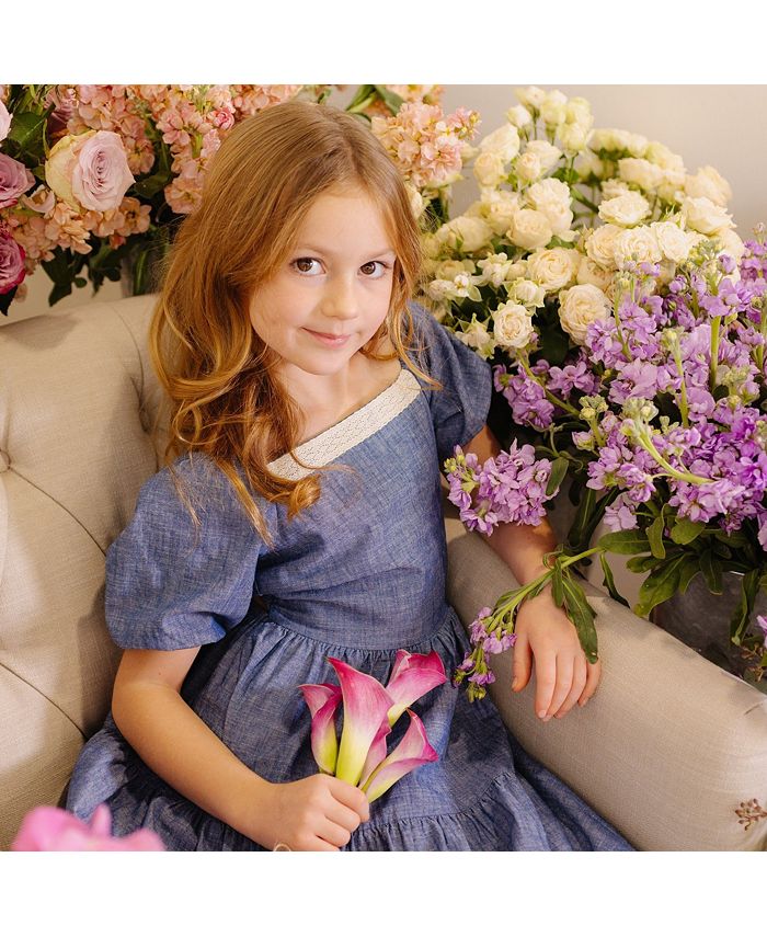 Hope & Henry Girls' Short Bubble Sleeve Crochet Trim Chambray Dress