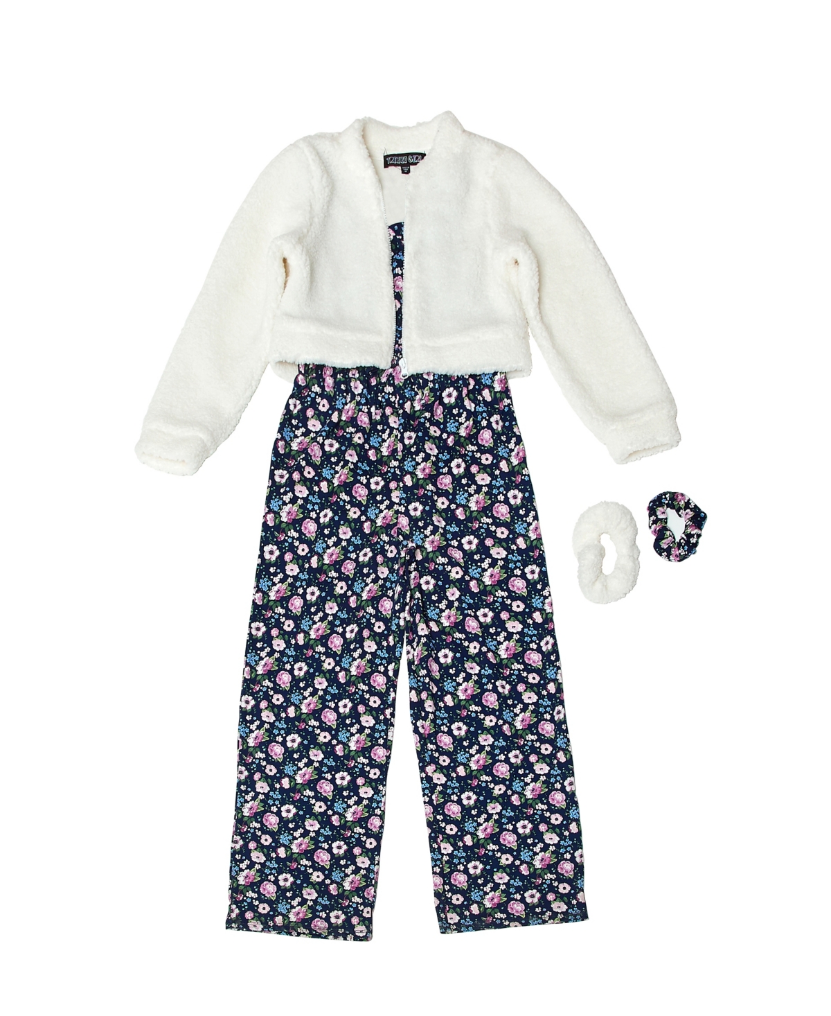 Trixxi Kids' Big Girls Sherpa Jacket, Jumpsuit And Scrunchies Set In Navy Floral