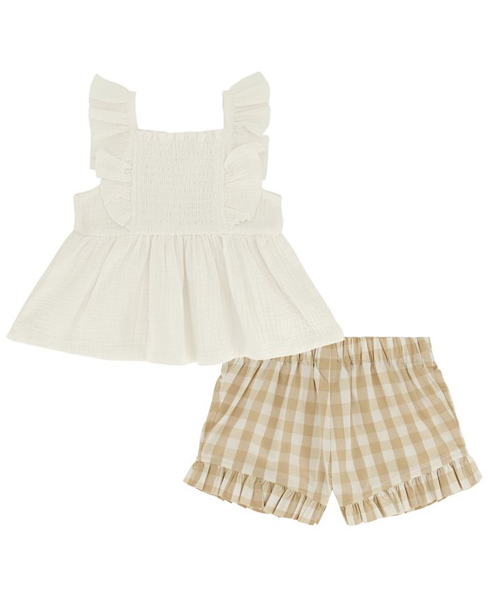 Calvin Klein Little Girls Smocked Gauze Top and Gingham Ruffled Shorts
