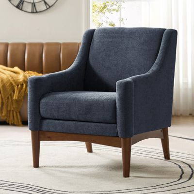 Fabric Recessed Arms Accent Chair with Solid Wood Legs for Living Room Bedroom