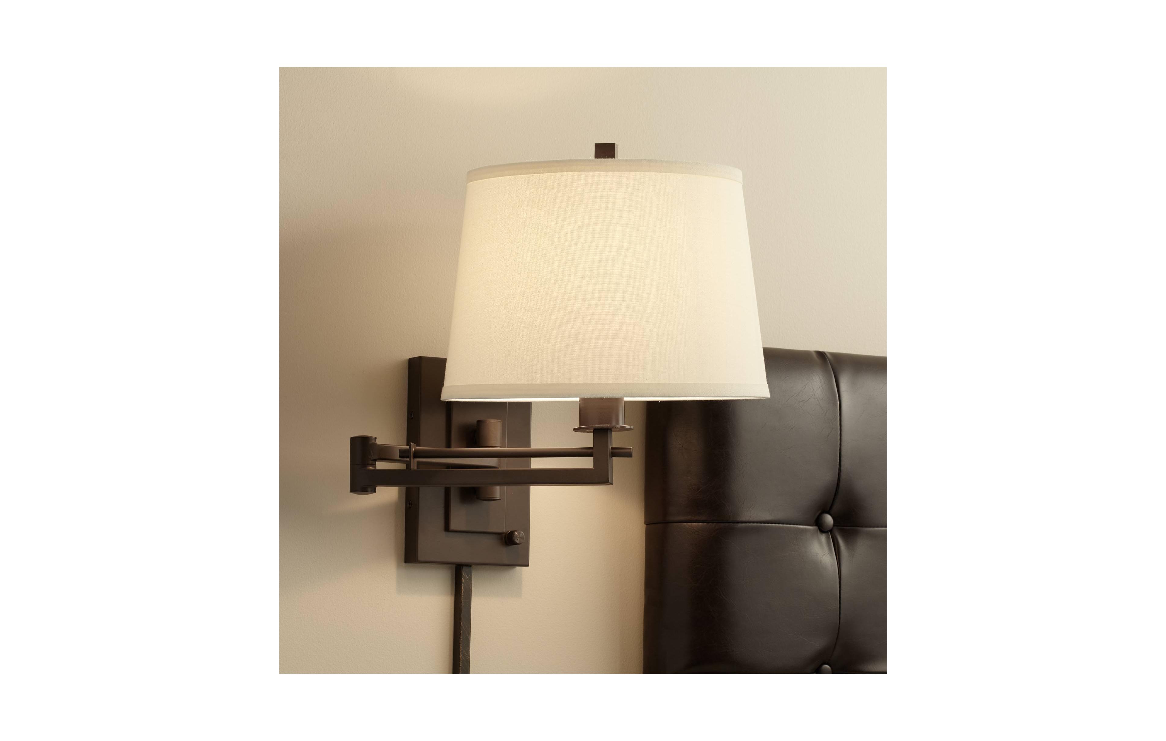 Easley Modern Swing Arm Adjustable Wall Lamp with Cord Matte Bronze Brown Plug-In Light Fixture Dimmable Fabric Drum Shade for Bedroom Bedside Living