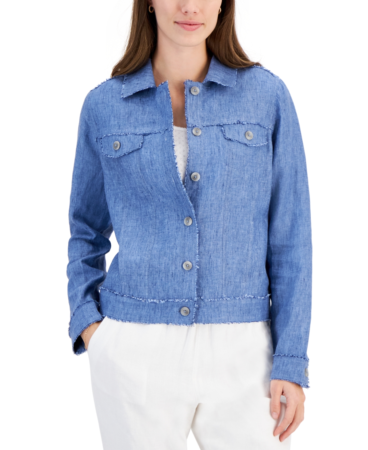 Shop Charter Club Plus Size 100% Linen Jacket, Created For Macy's In Blue Ocean