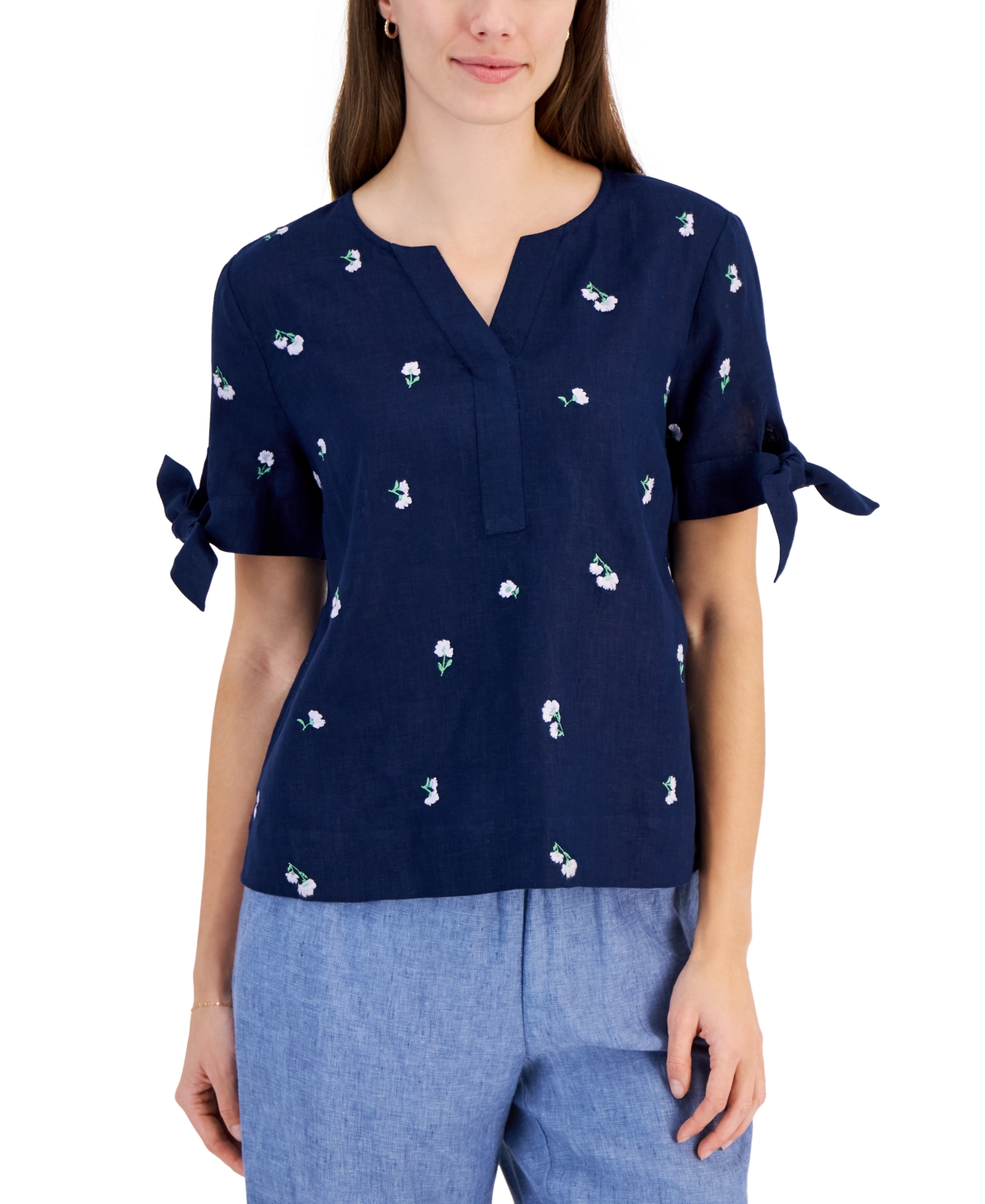 Women's London 100% Linen Floral-Embroidered Top, Created for Macy's - Intrepid Blue Combo
