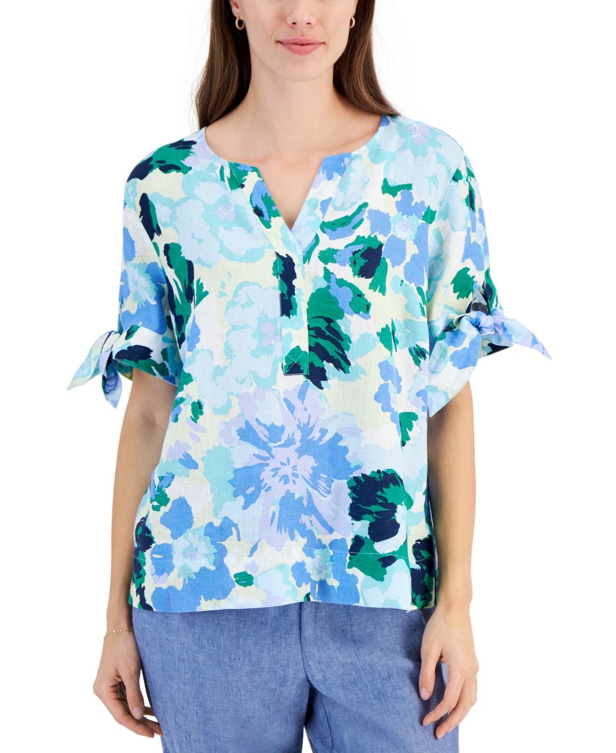 Women's 100% Linen Garden Blur Top, Created for Macy's - Light Pool Blue Combo