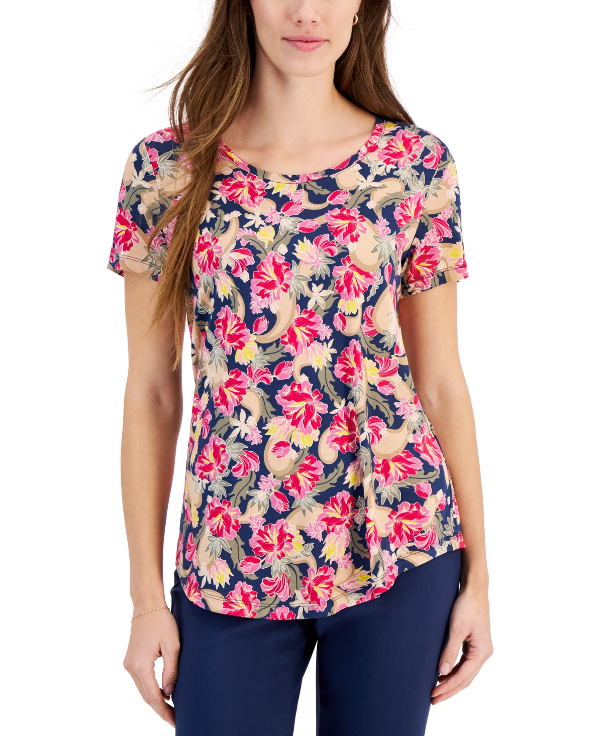 Women's Printed Short Sleeve Scoop-neck Top, Created for Macy's - Navy Pink Floral