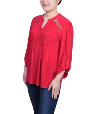 Women's Long Sleeve Pintuck Front Top with Chain Details