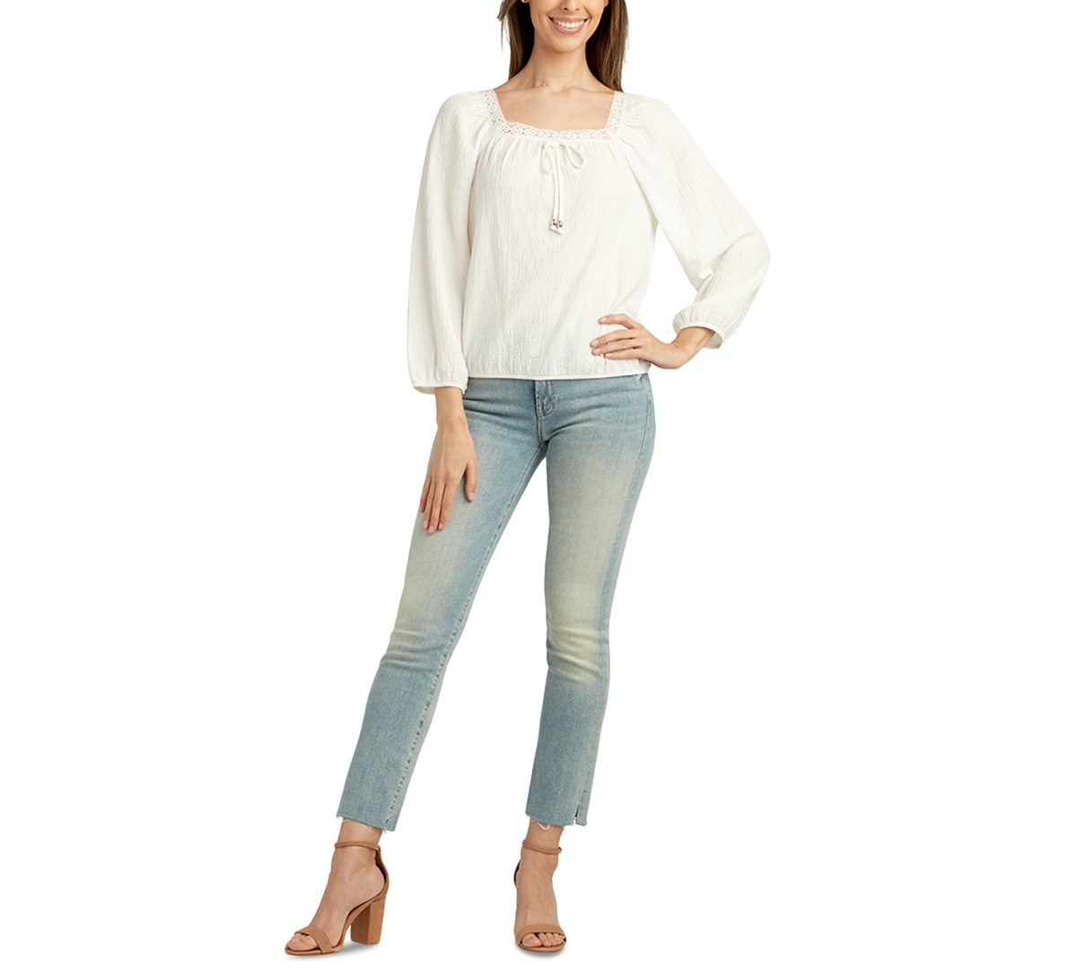 Shop Bcx Juniors' Square-neck Mid-sleeve Peasant Top In Off White