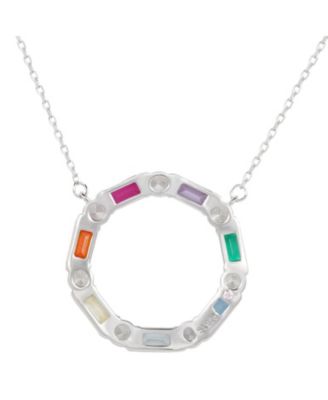 Suzy Levian Sterling Silver Cubic Zirconia Rainbow Alternating Baquette Open Circle Necklace