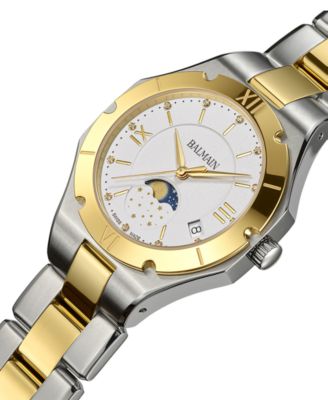 Women's Swiss Be Balmain Moonphase Diamond (1/20 ct. t.w.) Two-Tone Stainless Steel Bracelet Watch 33mm
