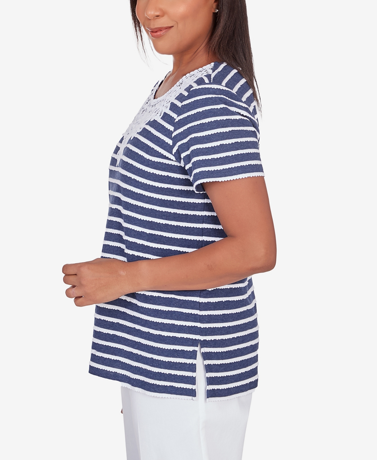 Alfred Dunner Women's Classic Neutrals Lace Neck Striped Split Hem T-shirt