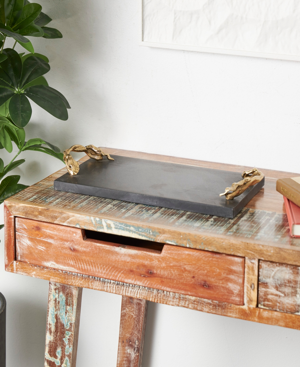 Rosemary Lane Marble Rectangle Tray with Gold-Tone Leaf Handles, 21