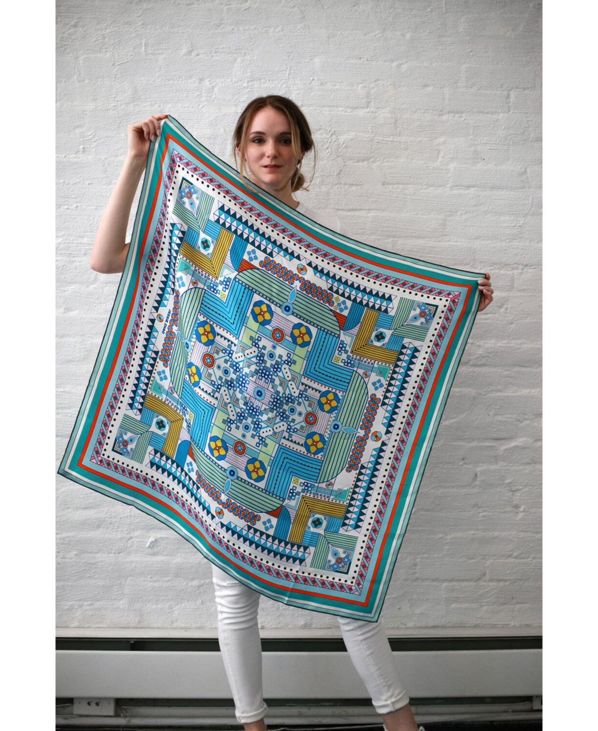 Jessie Zhao New York Double Sided Silk Scarf of Reconstruction with Shapes in Blue