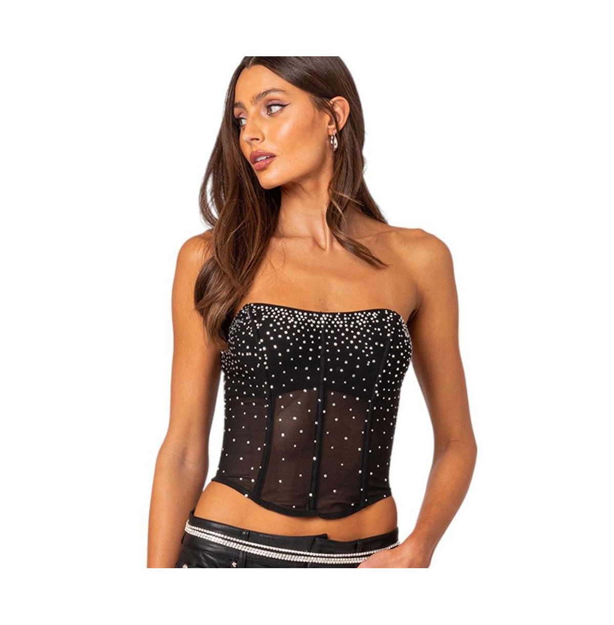 EDIKTED WOMEN'S SHEER RHINESTONE CORSET TOP
