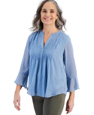 Style & Co - Women's Swiss-Dot Pleated Split-Neck Top
