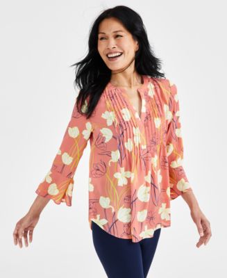 売れ筋商品|||スタイルアンドコー カットソー トップス レディース Plus Size Printed Ruffle Pintuck Top, Exclusively at Macy's Atomic Orange Combo Style & Co Women's Printed Pintuck Ruffle Sleeve Top