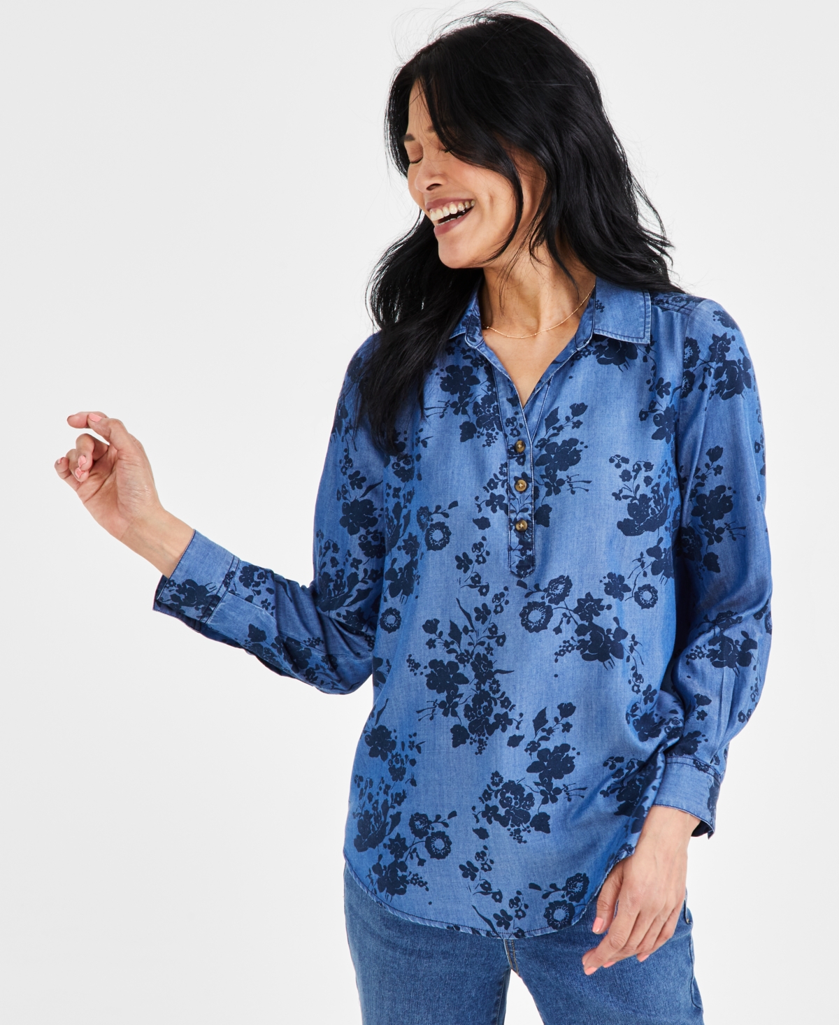 Shop Style & Co Women's Printed Chambray Popover Shirt, Created For Macy's In Floral Chambray