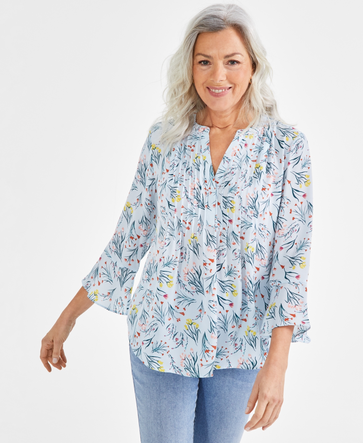 STYLE & CO PETITE FLORAL PRINTED PINTUCK PLEATED TOP, CREATED FOR MACY'S