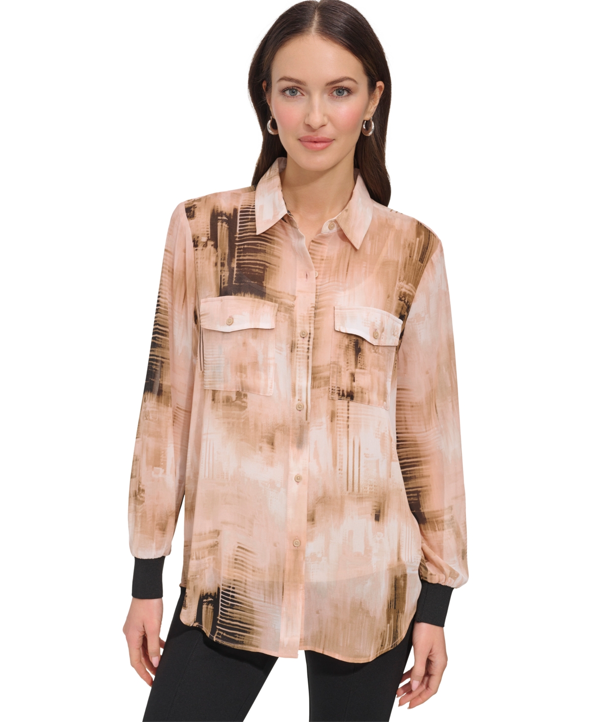 Dkny Women's Printed Chiffon Long-sleeve Shirt In Ivory,sandalwood Multi