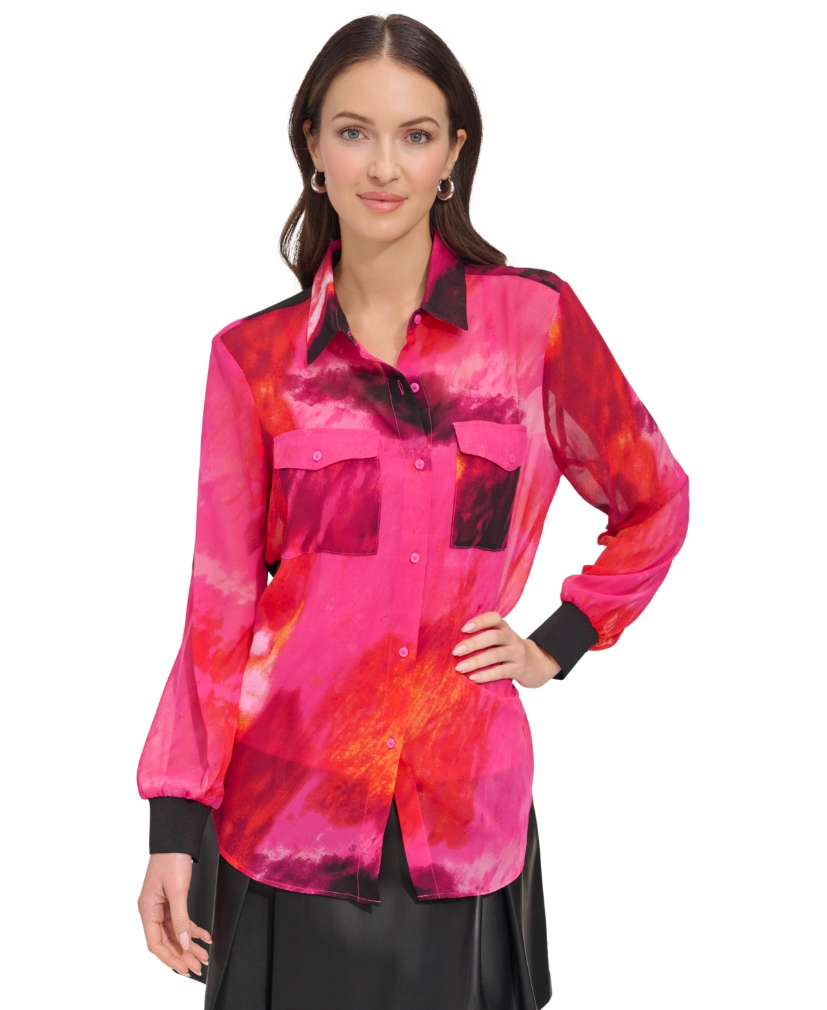 Dkny Women's Printed Chiffon Long-sleeve Shirt In Shocking Pink Multi