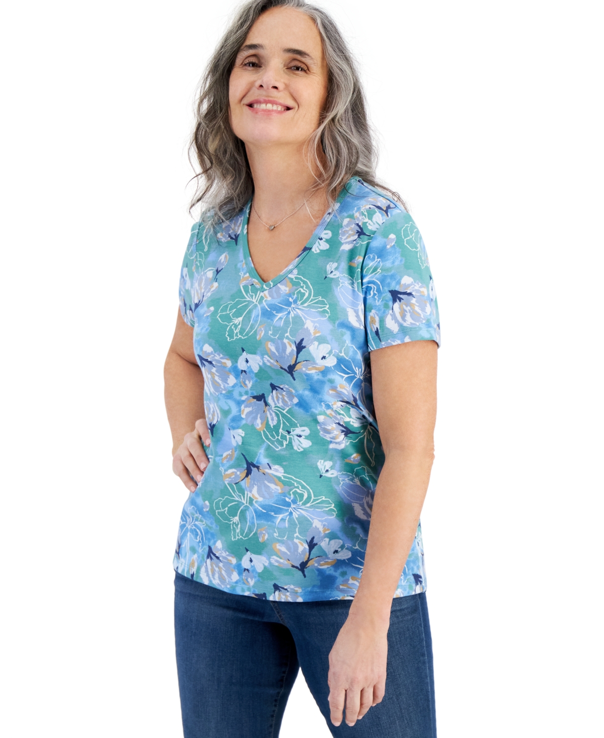 Style & Co Women's Short Sleeve Printed V-Neck Top, Created for Macy's