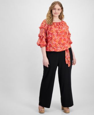 Plus Size Printed Off The Shoulder Tiered Sleeve Blouse Flat Front Elastic Waist Wide Leg Pants