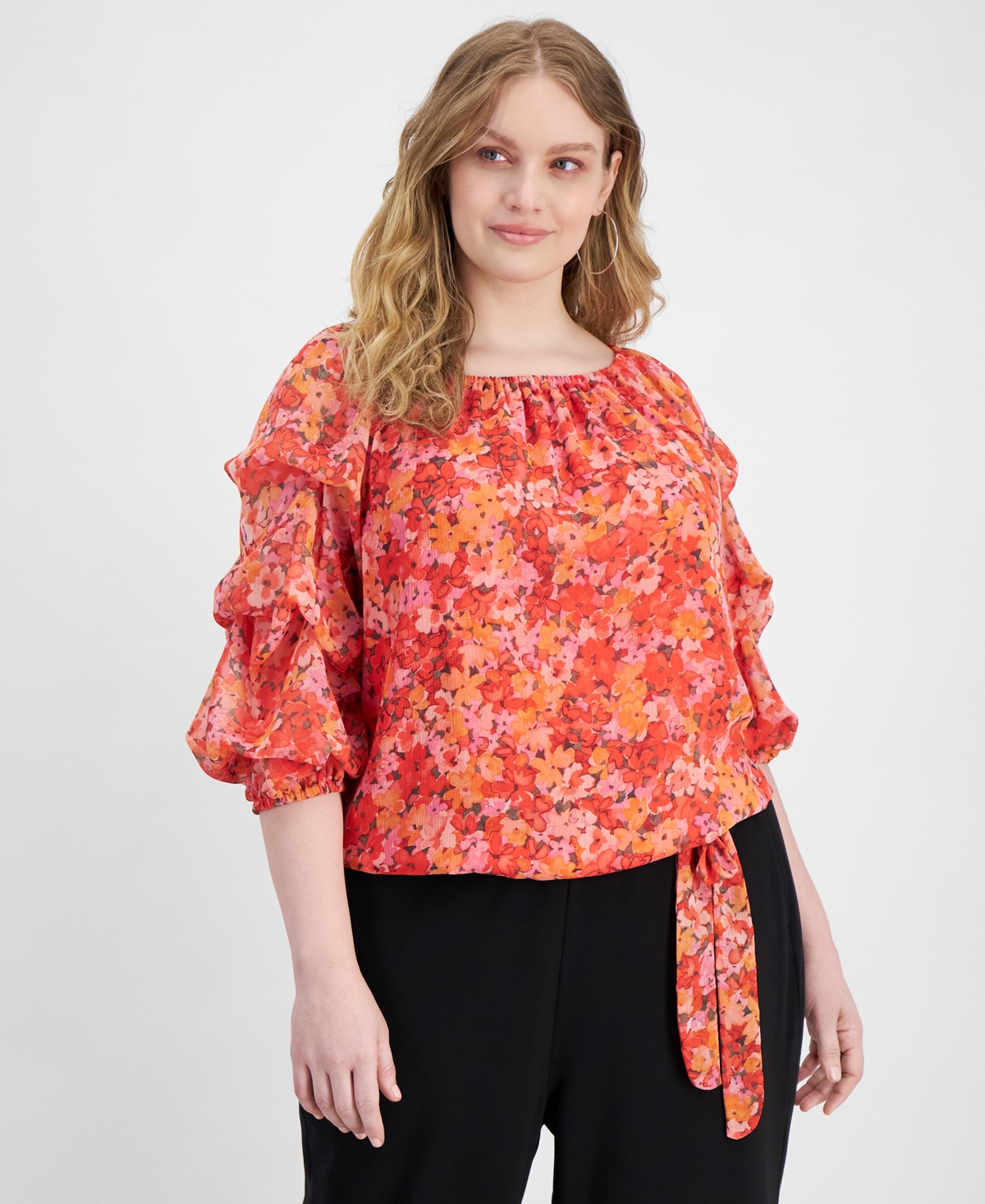 Plus Size Floral Off The Shoulder Bubble Sleeve Tie Front Blouse - Tulip Red