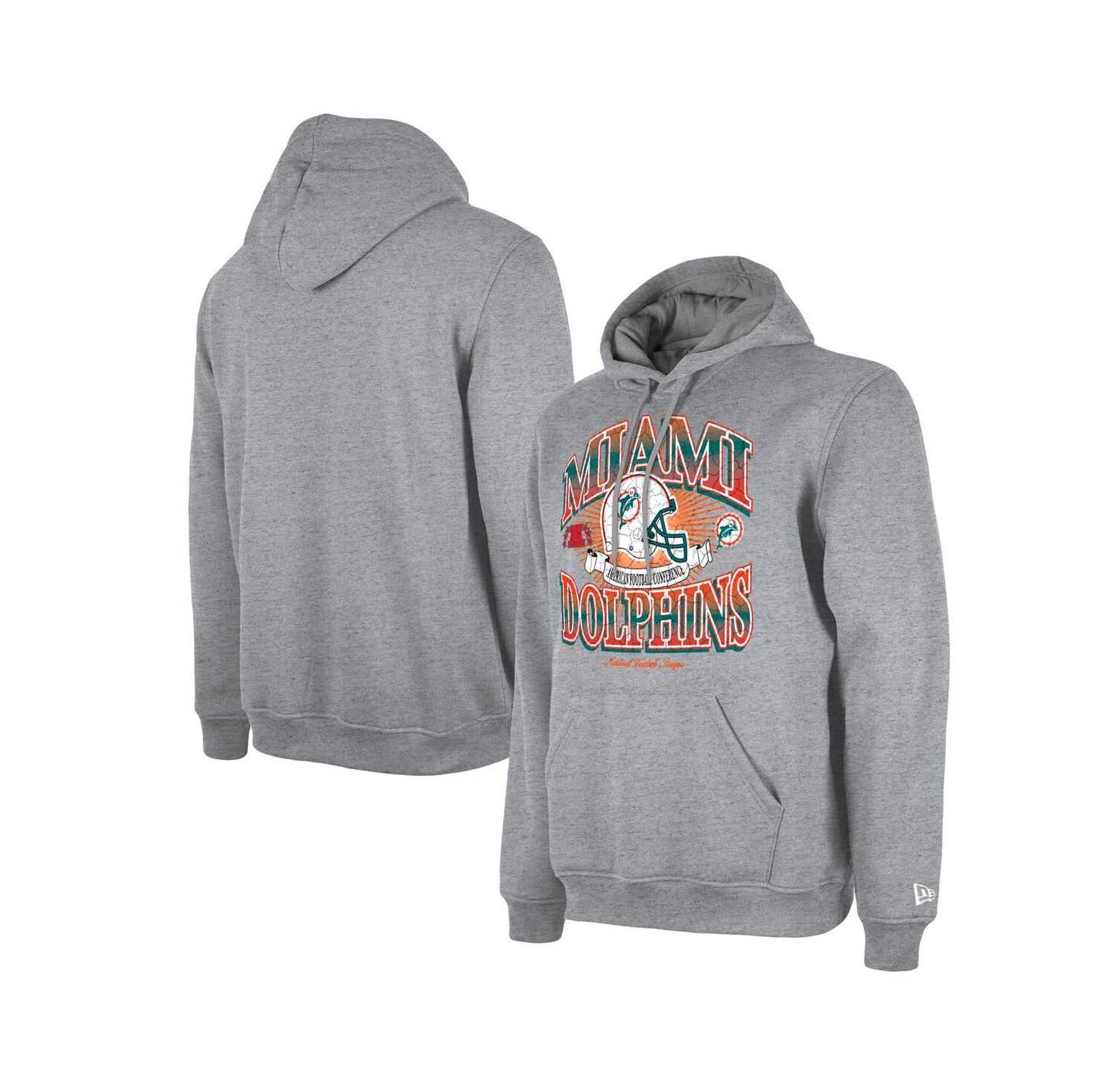 Men's Heather Gray Distressed Miami Dolphins Retro Pullover Hoodie