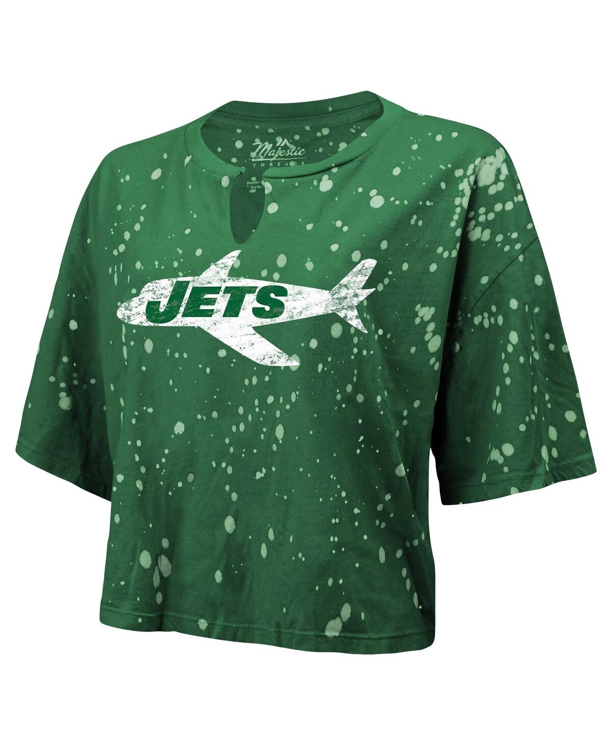 Shop Majestic Women's  Threads Green Distressed New York Jets Bleach Splatter Notch Neck Crop T-shirt