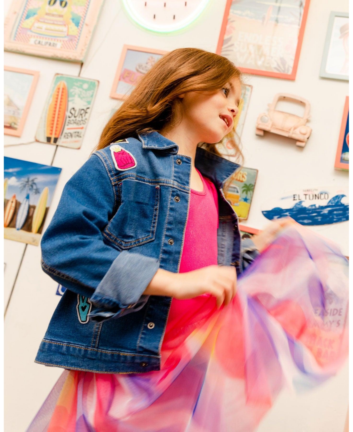 Girl Bi-Material Shiny Rib And Mesh Dress Fuchsia With Printed Rainbow Heart - Child - Fuchsia with printed rainbow heart