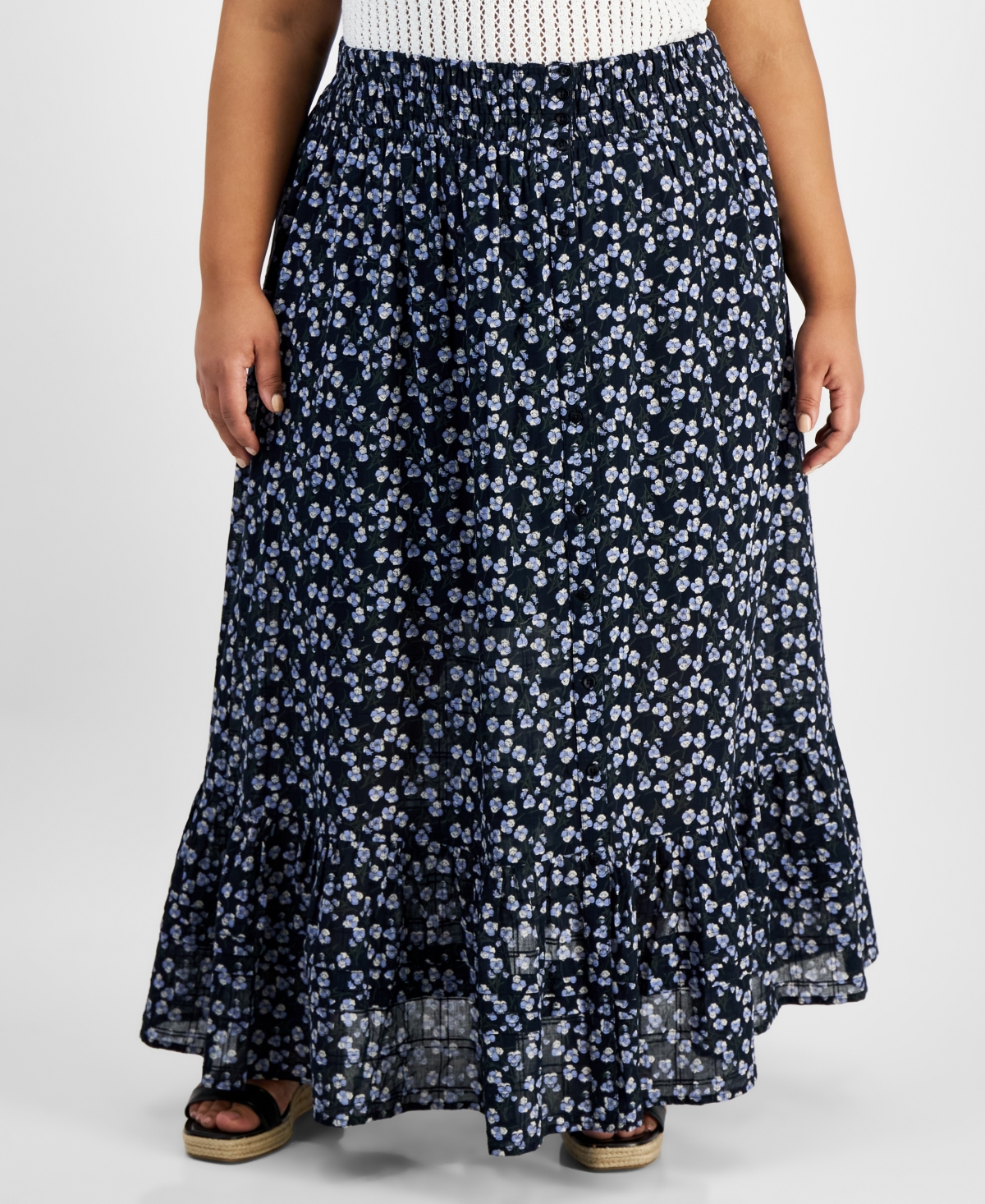 Shop And Now This Trendy Plus Size Printed Button-front Maxi Skirt In Black Floral