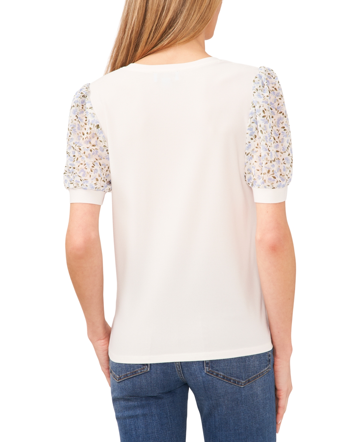 Shop Cece Women's Ditsy Floral Mixed Media Short Sleeve Top In New Ivory
