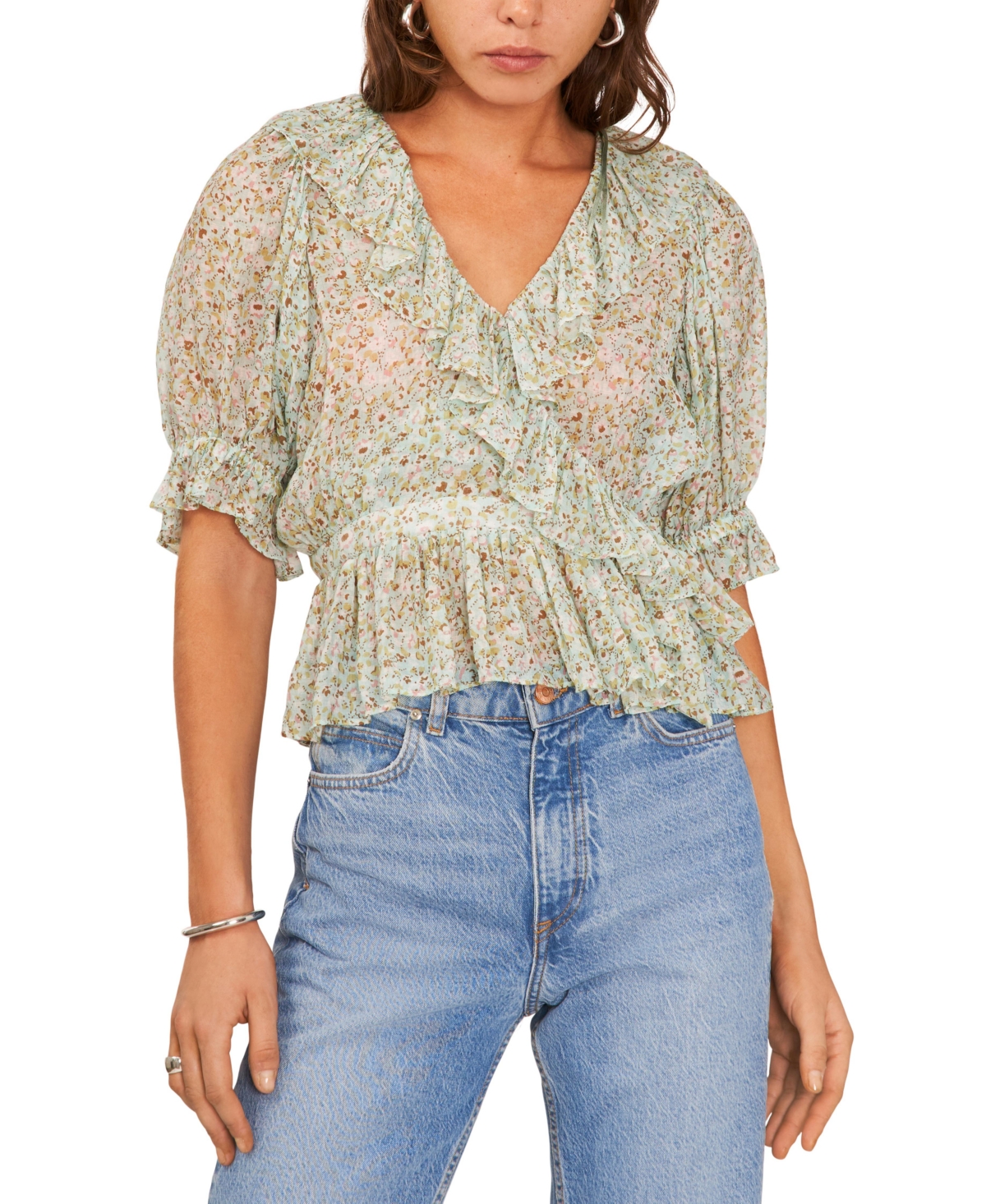Shop 1.state Women's V-neck Short Sleeve Faux Wrap Ruffle Top In Blue River