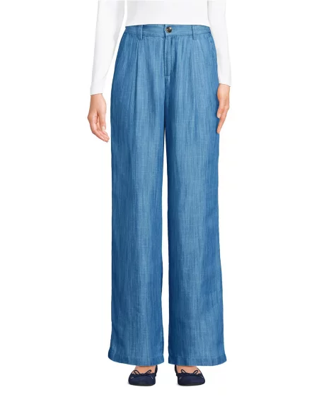 Petite High Rise TENCEL Fiber Pleated Wide Leg Pants - Soft indigo