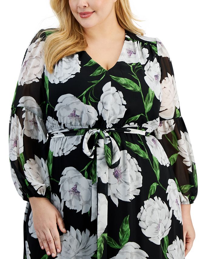 Plus Size Printed V-Neck Balloon Sleeve Maxi Dress