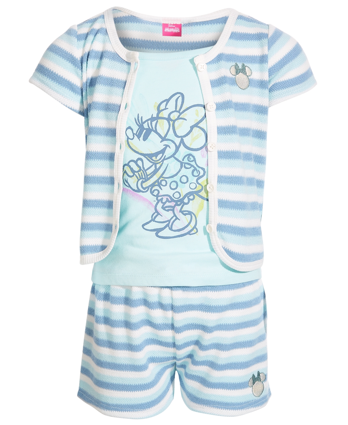 Disney Toddler & Little Girls Minnie Mouse Crochet Cardigan, Tank Top & Shorts, 3 Piece Set