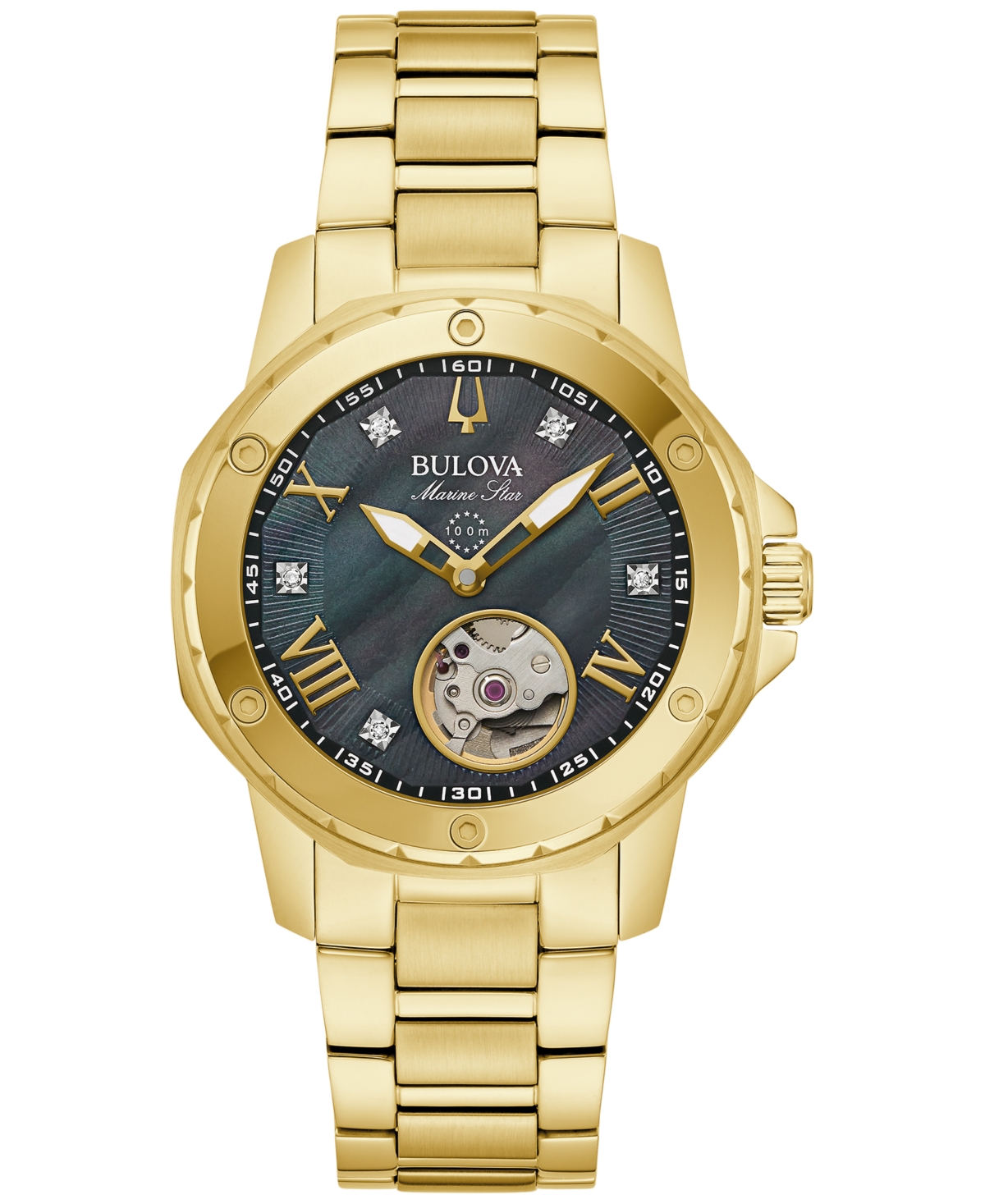 Bulova Women's Automatic Marine Star Diamond Accent Gold-tone Stainless Steel Bracelet Watch 35mm In Black/gold