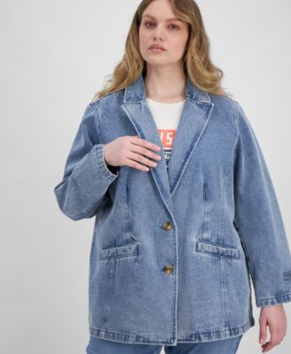 Plus Size Denim Long-Sleeve Blazer Jacket
