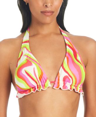 Sanctuary - Women's Neon Swirl Tie-Front Ruffled Halter Swim Top