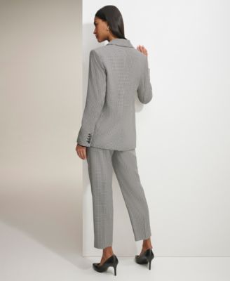 Karl Lagerfeld Womens Gingham Double Breasted Blazer Ruffled Blouse Gingham Straight Leg Pants In Black