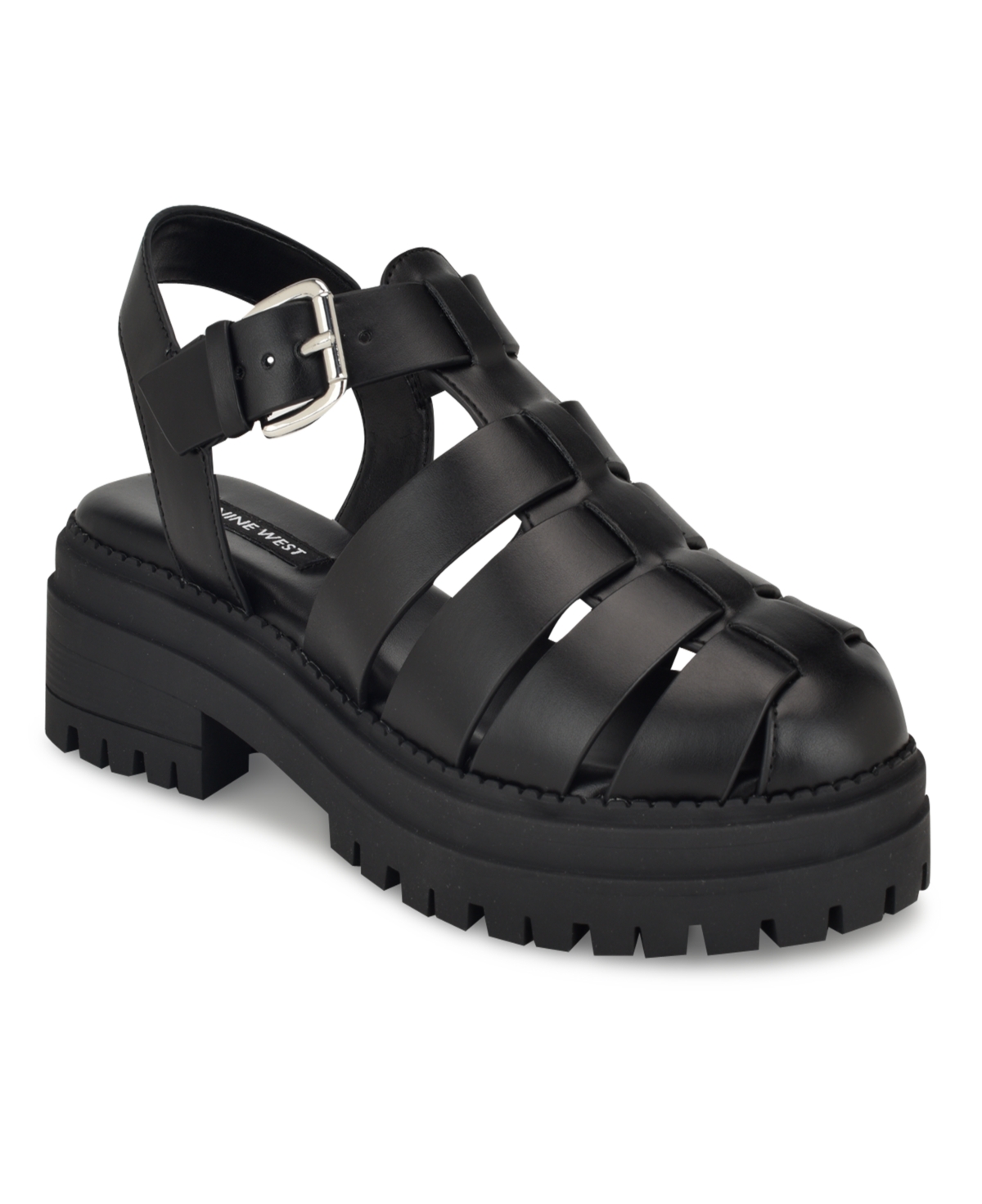 Shop Nine West Women's Anybel Round Toe Lug Sole Casual Sandals In Black - Faux Leather-polyurethane